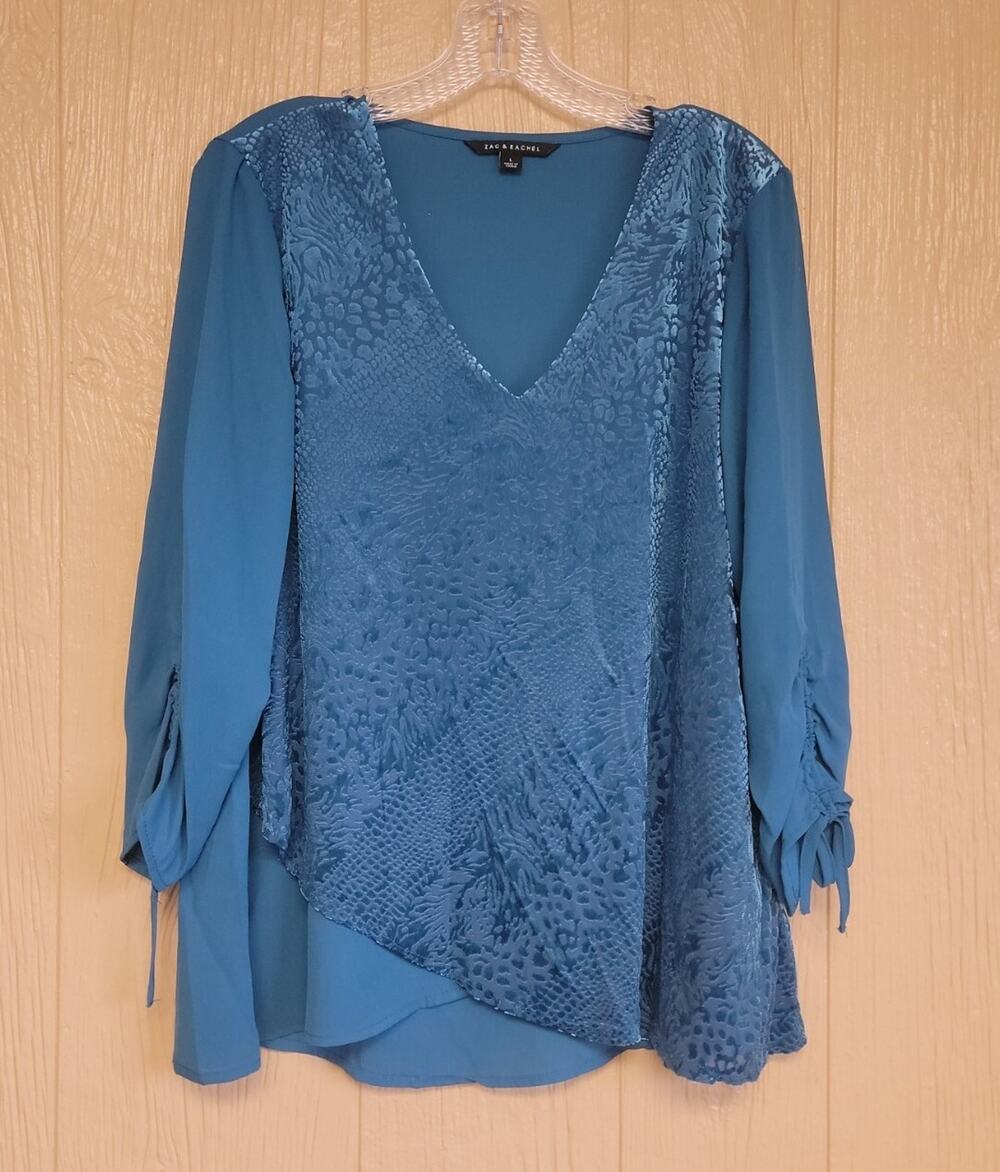 Zac & Rachel Blouse Womens Layers Velvet Untamed Teal 3/4 Sleeve